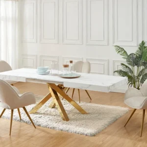 Verlengbare eettafel 6 tot 10 plaatsen van mdf en metaal - Wit marmereffect en goud - CATONAV
