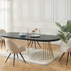 Verlengbare eettafel 2 tot 12 plaatsen van mdf en staal - Zwart marmereffect en goud - FIRELA
