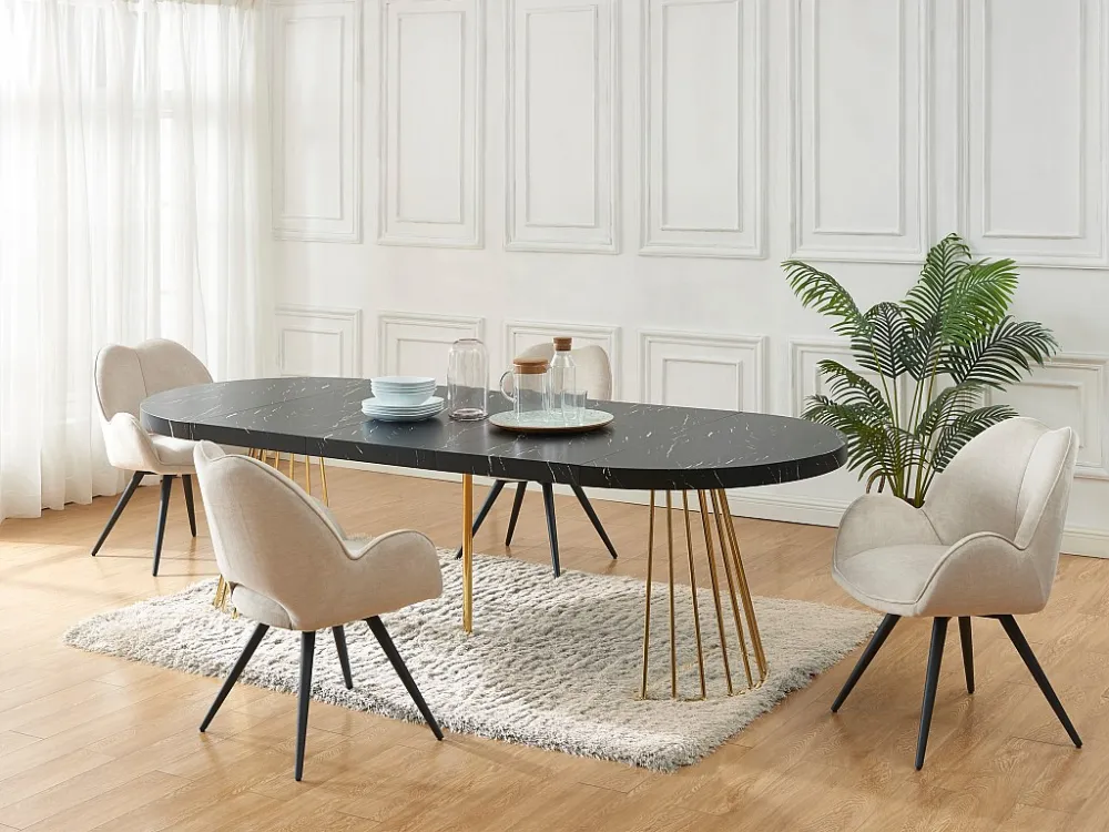 Verlengbare eettafel 2 tot 12 plaatsen van mdf en staal - Zwart marmereffect en goud - FIRELA