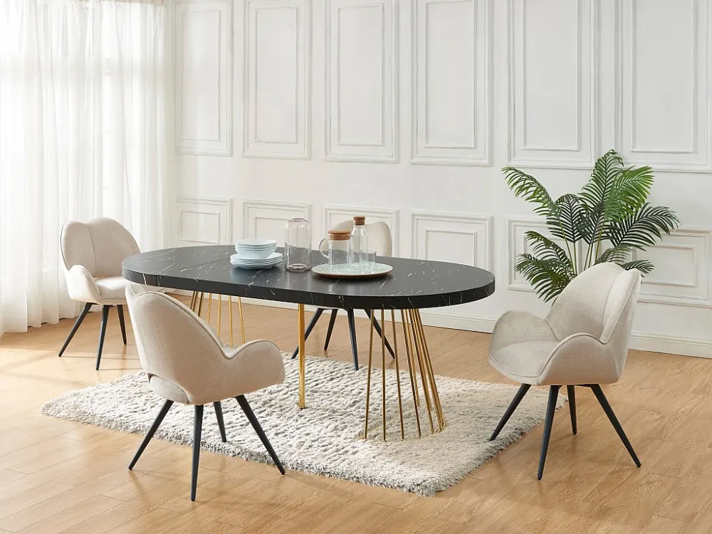 Verlengbare eettafel 2 tot 12 plaatsen van mdf en staal - Zwart marmereffect en goud - FIRELA