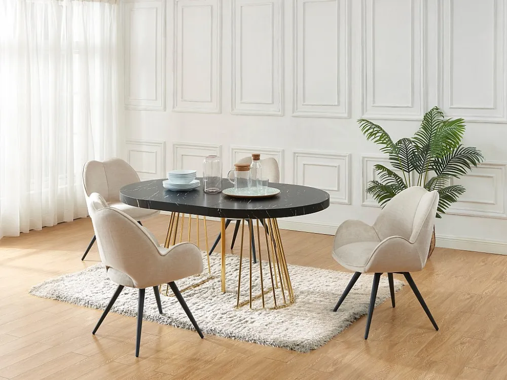 Verlengbare eettafel 2 tot 12 plaatsen van mdf en staal - Zwart marmereffect en goud - FIRELA