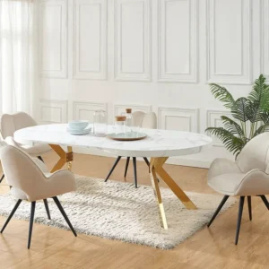 Verlengbare eettafel 4 tot 8 plaatsen van mdf en staal - Wit marmereffect en goud - KOMONI