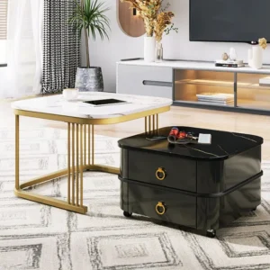 Lot de 2 table basse gigogne, aspect marbre brillant, accents dorés, avec 2 tiroirs, 60x60x45cm+50x50x34cm, blanc/noir