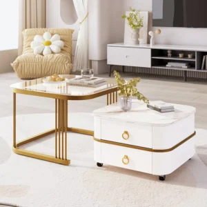 Lot de 2 table basse gigogne, aspect marbre brillant et plateau en verre, accents dorés, avec 2 tiroirs, 60x60x45cm+50x50x...