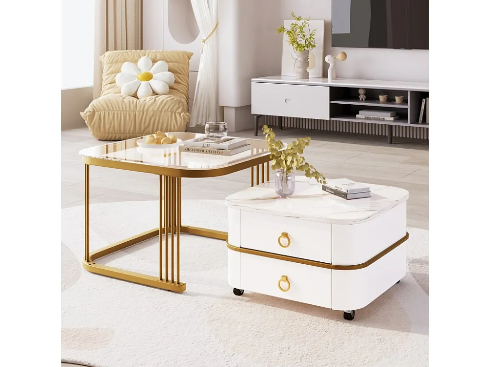 Lot de 2 table basse gigogne, aspect marbre brillant et plateau en verre, accents dorés, avec 2 tiroirs, 60x60x45cm+50x50x...