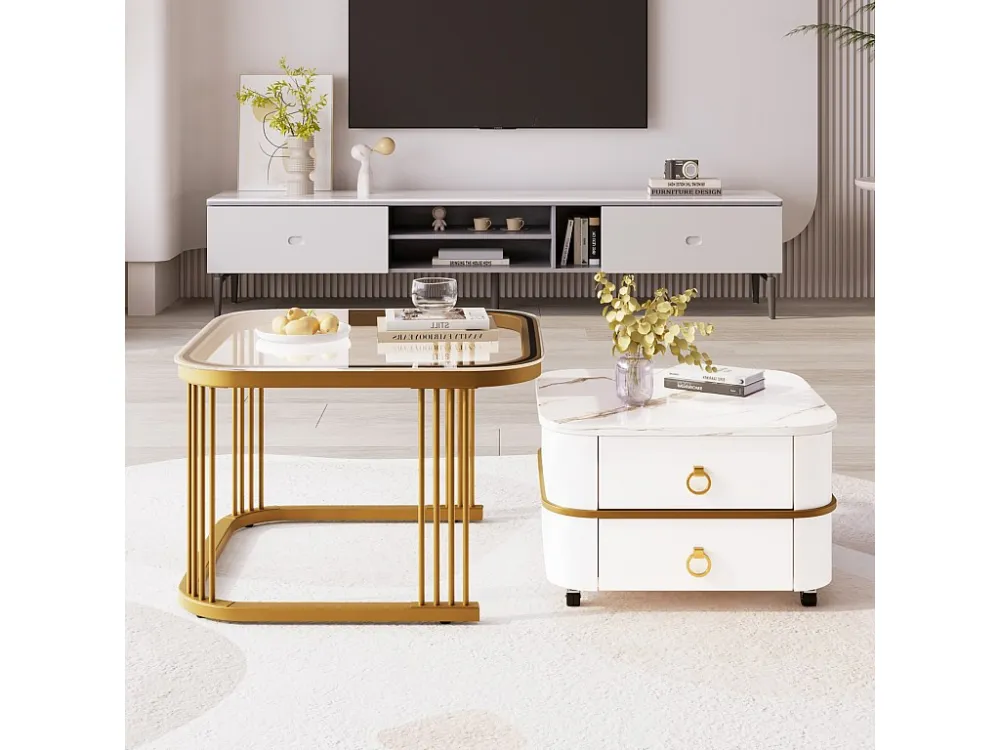 Lot de 2 table basse gigogne, aspect marbre brillant et plateau en verre, accents dorés, avec 2 tiroirs, 60x60x45cm+50x50x...