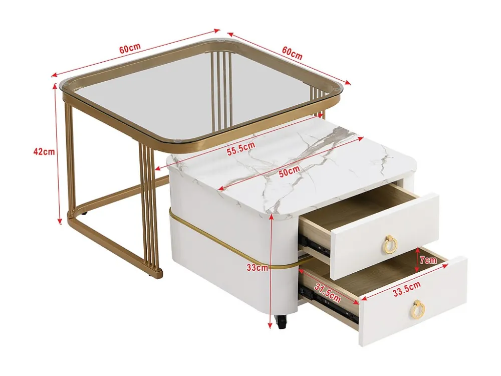 Lot de 2 table basse gigogne, aspect marbre brillant et plateau en verre, accents dorés, avec 2 tiroirs, 60x60x45cm+50x50x...
