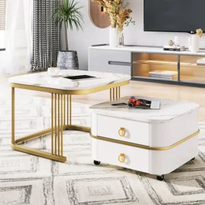 Lot de 2 table basse gigogne, aspect marbre brillant, accents dorés, avec 2 tiroirs, 60x60x45cm+50x50x34cm, blanc