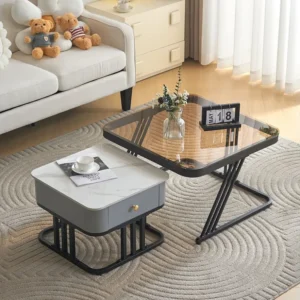 Lot de 2 table basse gigogne - cadre en noir plateau en verre et ardoise marbrée blanc avec 1 tiroir - 70x70x45.5+50x50x37...