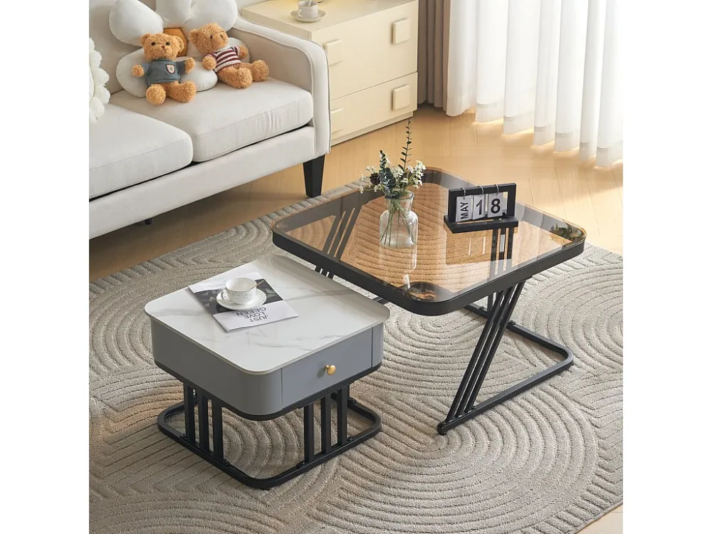 Lot de 2 table basse gigogne - cadre en noir plateau en verre et ardoise marbrée blanc avec 1 tiroir - 70x70x45.5+50x50x37...