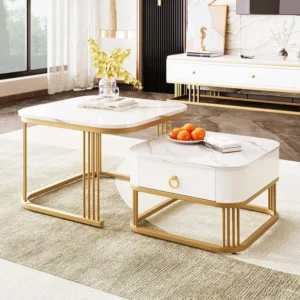 Lot de 2 Table basse gigogne, carrée, 60cm, avec plateau de effet marbre, brillante, tiroirs, pieds en métal, pour Salon,...