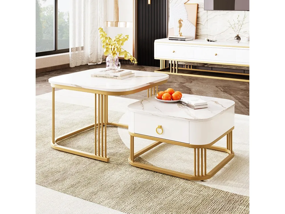 Lot de 2 Table basse gigogne, carrée, 60cm, avec plateau de effet marbre, brillante, tiroirs, pieds en métal, pour Salon,...