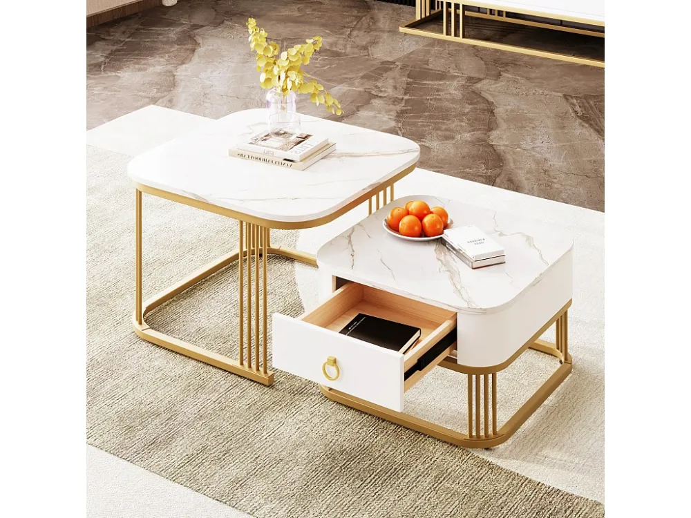 Lot de 2 Table basse gigogne, carrée, 60cm, avec plateau de effet marbre, brillante, tiroirs, pieds en métal, pour Salon,...