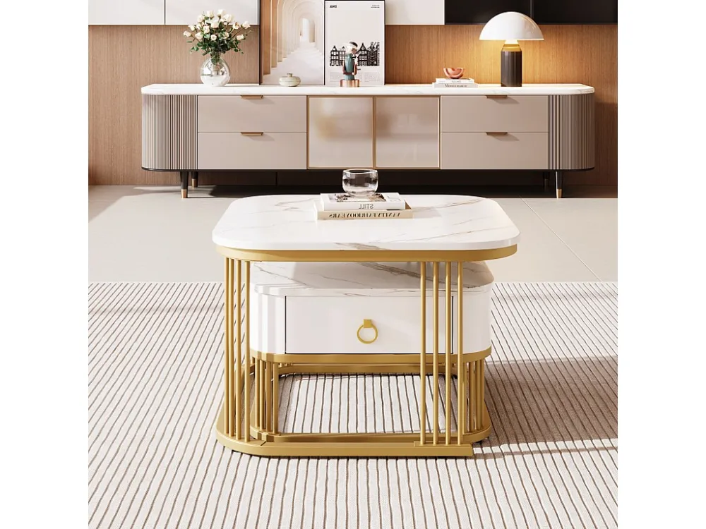 Lot de 2 Table basse gigogne, carrée, 60cm, avec plateau de effet marbre, brillante, tiroirs, pieds en métal, pour Salon,...