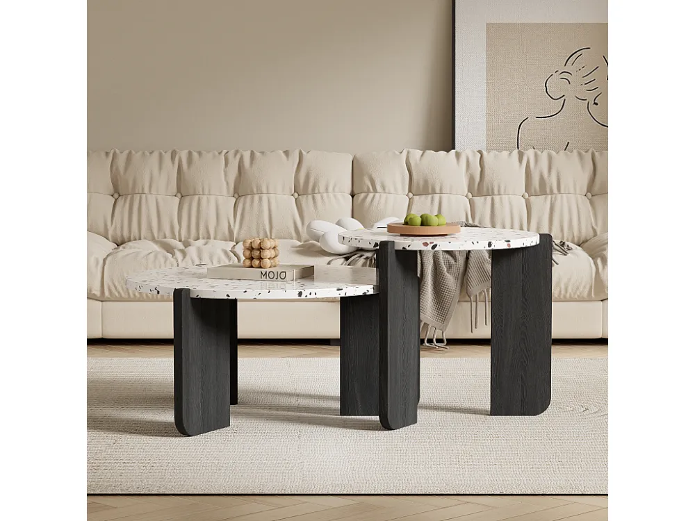 Lot de 2 table basse gigogne, composable moderne, pour salon, canapé, 70x70x35+50x50x45.5 (cm), Noir