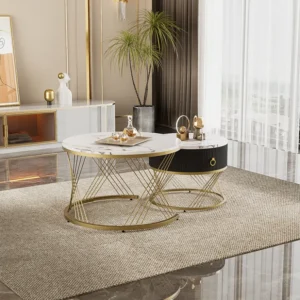 Lot de 2 table basse gigogne, empilable élégante, table d'appoint à décor doré effet marbre avec tiroir, 70x70x45cm+5...