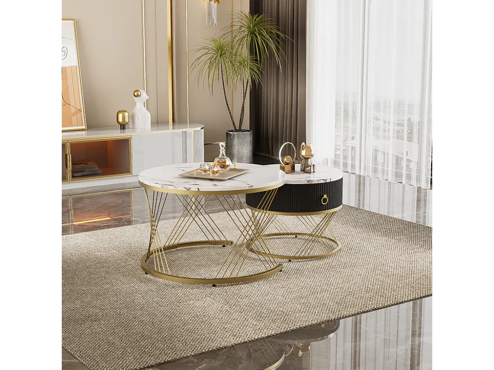 Lot de 2 table basse gigogne, empilable élégante, table d'appoint à décor doré effet marbre avec tiroir, 70x70x45cm+5...