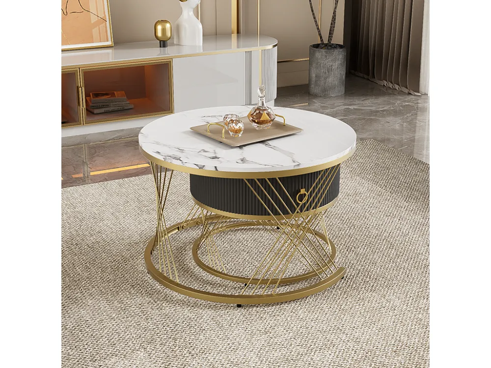 Lot de 2 table basse gigogne, empilable élégante, table d'appoint à décor doré effet marbre avec tiroir, 70x70x45cm+5...