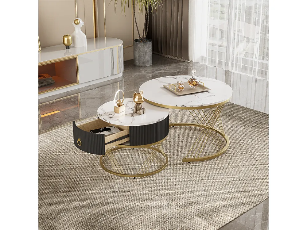 Lot de 2 table basse gigogne, empilable élégante, table d'appoint à décor doré effet marbre avec tiroir, 70x70x45cm+5...