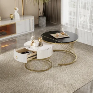 Lot de 2 table basse gigogne, empilable élégante, table d'appoint à décor doré effet marbre avec tiroir, 70x70x45cm+5...