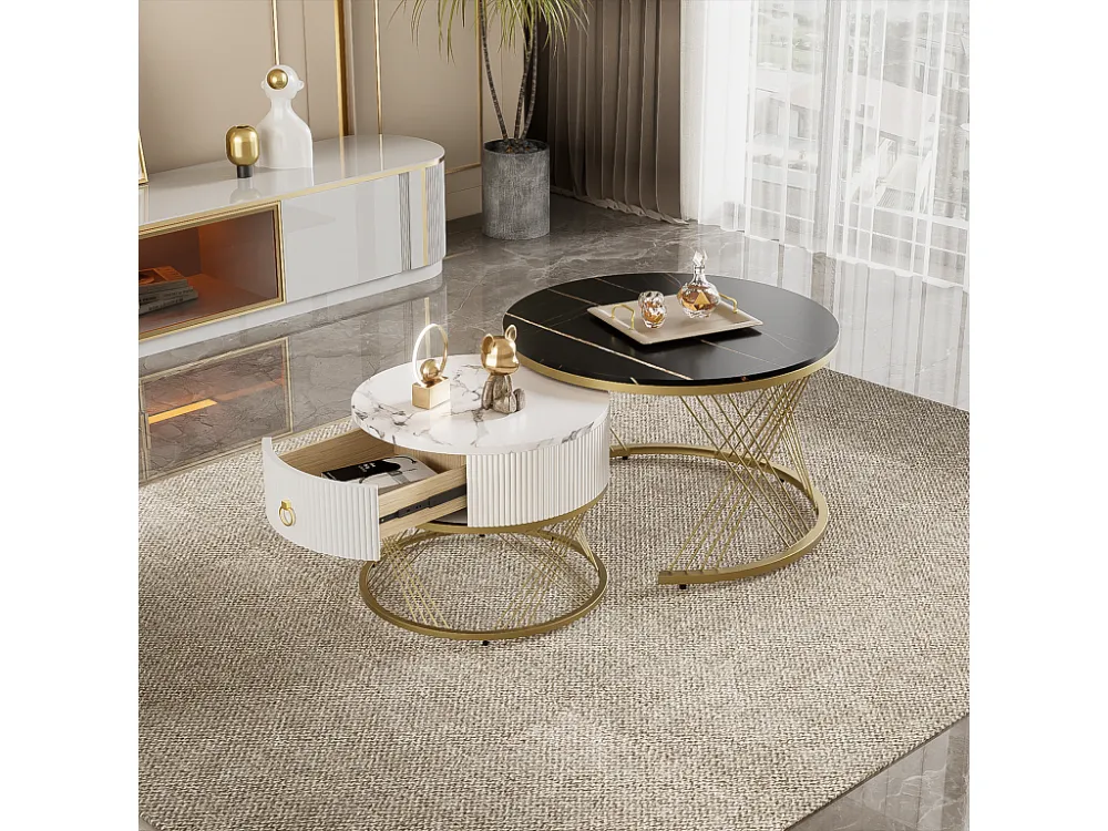 Lot de 2 table basse gigogne, empilable élégante, table d'appoint à décor doré effet marbre avec tiroir, 70x70x45cm+5...