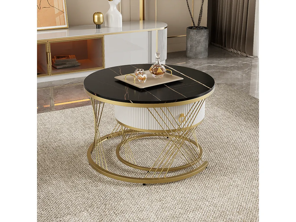 Lot de 2 table basse gigogne, empilable élégante, table d'appoint à décor doré effet marbre avec tiroir, 70x70x45cm+5...