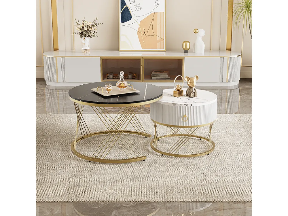 Lot de 2 table basse gigogne, empilable élégante, table d'appoint à décor doré effet marbre avec tiroir, 70x70x45cm+5...