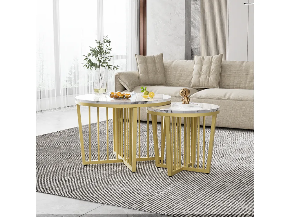 Lot de 2 table basse gigogne ronde, plateau et pied designe spécial, pour salon, canapé, table d'appoint, balcon, MDF...