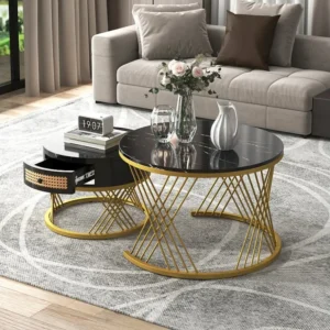 Lot de 2 table basse gigogne ronde, table d'appoint avec plateau en marbre et tiroirs en rotin, pieds en fer dorés -...