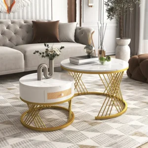 Lot de 2 table basse gigogne ronde, table d'appoint avec plateau en marbre et tiroirs en rotin, pieds en fer dorés -...