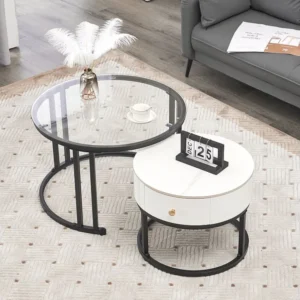 Lot de 2 table basse gigogne - table ronde, cadre en noir plateau en verre et ardoise marbrée blanc avec 1 tiroir - ø70x45...