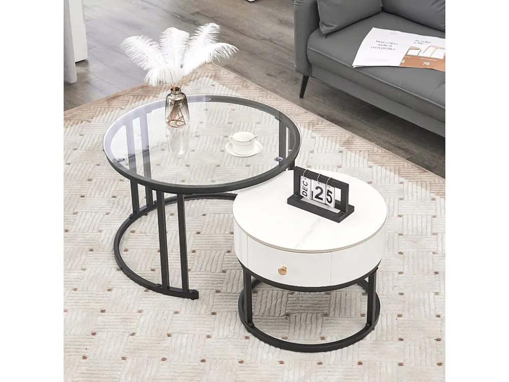 Lot de 2 table basse gigogne - table ronde, cadre en noir plateau en verre et ardoise marbrée blanc avec 1 tiroir - ø70x45...