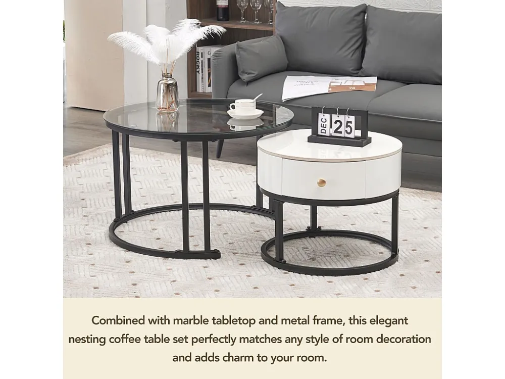 Lot de 2 table basse gigogne - table ronde, cadre en noir plateau en verre et ardoise marbrée blanc avec 1 tiroir - ø70x45...