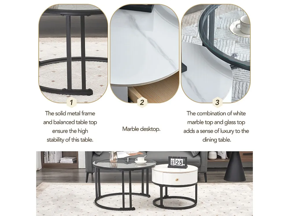 Lot de 2 table basse gigogne - table ronde, cadre en noir plateau en verre et ardoise marbrée blanc avec 1 tiroir - ø70x45...