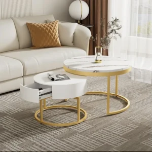Lot de 2 table basse gigogne, table ronde pivotante, plateau en motif marbre, avec 2 tiroirs, MDF, blanc