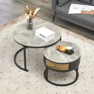Lot de 2 table basse gigogne - table ronde avec plateau en marbre gris et 1 tiroirs en bois massif - ø70x45.5+ø50x40cm - noir