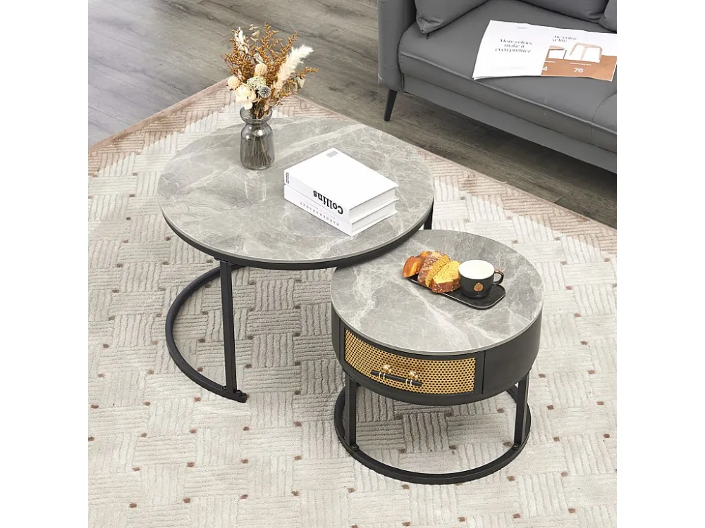 Lot de 2 table basse gigogne - table ronde avec plateau en marbre gris et 1 tiroirs en bois massif - ø70x45.5+ø50x40cm - noir