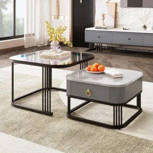 Lot de 2 tables basses gigogne, aspect marbre et plateau en verre, accents dorés, avec 1 tiroir, 60x60x45cm+50x50x34cm, noir