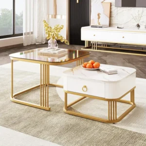 Lot de 2 tables basses gigogne, aspect marbre et plateau en verre, accents dorés, avec 1 tiroir, 60x60x45cm+50x50x34cm, blanc