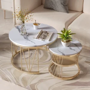 Lot de 2 tables basses rondes en marbre - Placage moderne - Table d'appoint - Table basse pour salon, salle de récept...