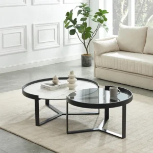 Salontafels glas, keramiek en metaal - Witte marmerlook en zwart - ZERILA Maison Céphy