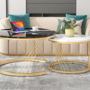Houten salontafels - Wit marmerpatroon fineer en goud metaal - MDF - voor woonkamer - Zwart en wit Merax