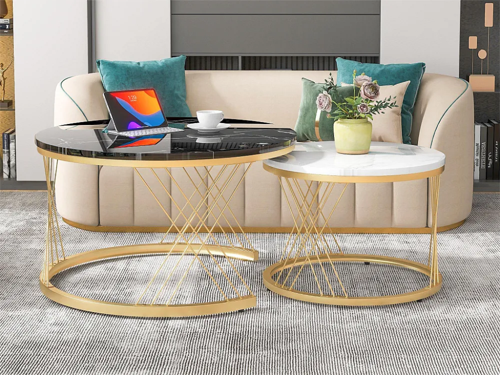 Houten salontafels - Wit marmerpatroon fineer en goud metaal - MDF - voor woonkamer - Zwart en wit Merax