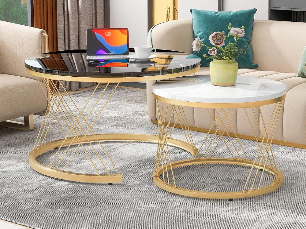 Houten salontafels - Wit marmerpatroon fineer en goud metaal - MDF - voor woonkamer - Zwart en wit Merax