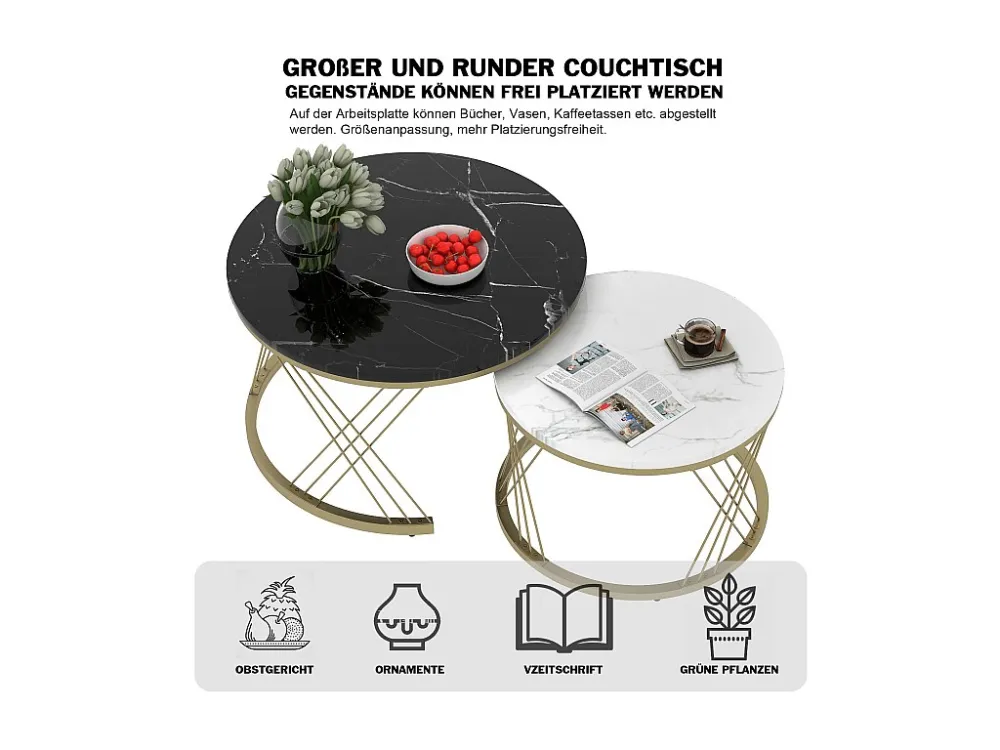 Houten salontafels - Wit marmerpatroon fineer en goud metaal - MDF - voor woonkamer - Zwart en wit Merax