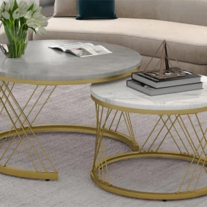 Houten salontafels - Wit marmerpatroon fineer en goud metaal - MDF - voor woonkamer - Grijs en wit Merax