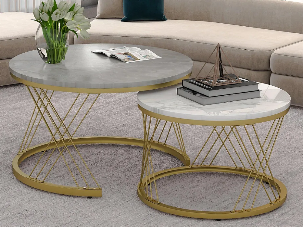 Houten salontafels - Wit marmerpatroon fineer en goud metaal - MDF - voor woonkamer - Grijs en wit Merax