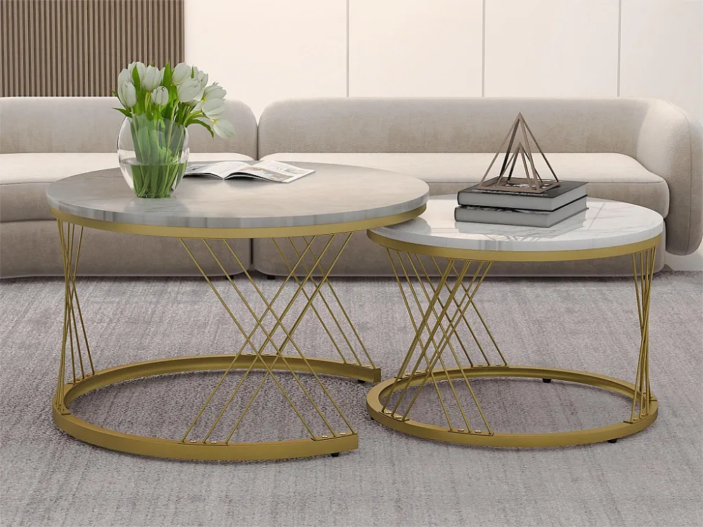 Houten salontafels - Wit marmerpatroon fineer en goud metaal - MDF - voor woonkamer - Grijs en wit Merax