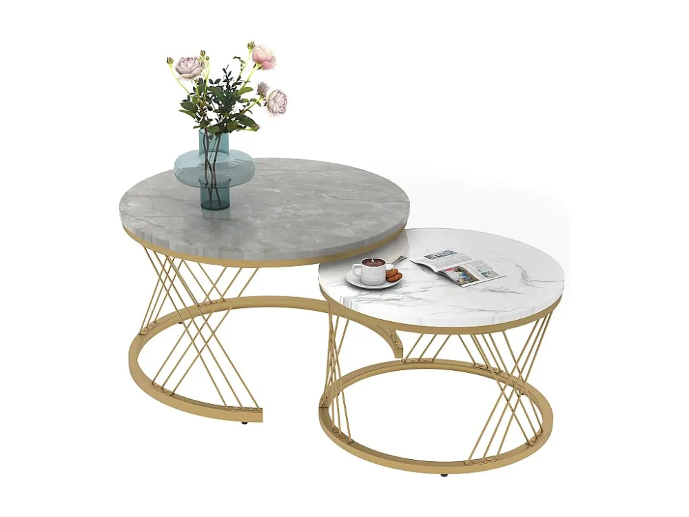 Houten salontafels - Wit marmerpatroon fineer en goud metaal - MDF - voor woonkamer - Grijs en wit Merax