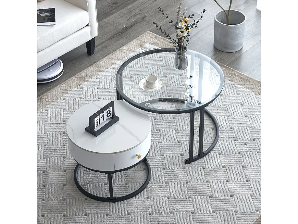 Set van 2 bijzettafels met lade - glazen blad en marmerpatroon - bijzettafel - wit Merax